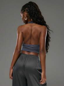 MUSERA Muse' Slogan Halter Neck Low Plunge Side Zip Sports Varsity Style Top Ibiza Fall