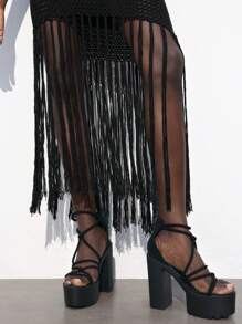 Maija Women's Black Sleeveless Textured Fabric Hollow-Out Fringe Hem Bodycon Dress, Fashionable & Sexy For Early Spring, Resort Wear, Suitable For Boho, 4th Of July, Saint John, Graduation, Holidays Casual Dresses For Woman Crochet Cruise Outfits Women Sexy Dresses For Women Western Dress Date Night Outfits Women Black Dress  Casual Dresses For Women - Black - View 5