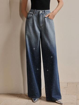 Anewsta Nieuwe, modieuze en elegante jeans met rechte pijpen en strass-effect in een blauwe kleurovergang, geschikt voor feestjes en Valentijnsdag.