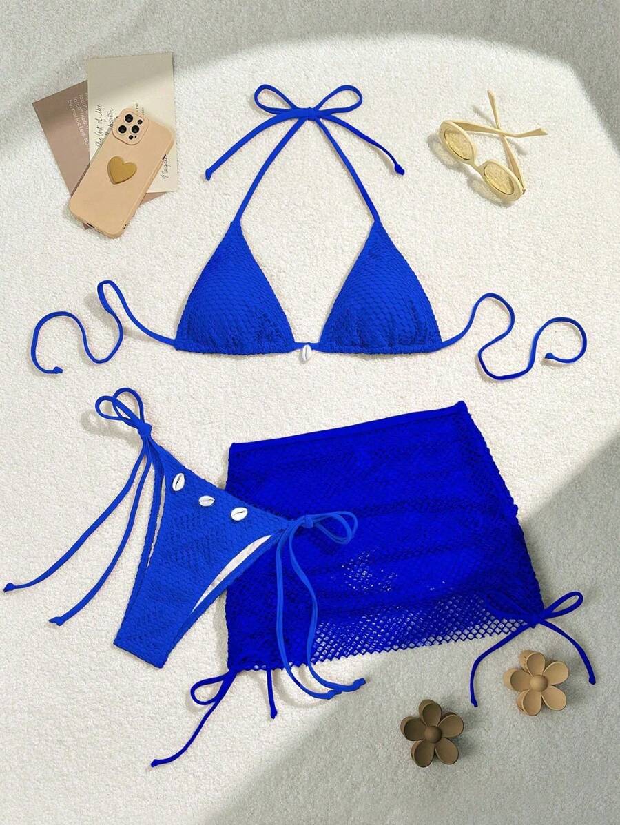 Swim Vcay 3pcs Spring Break Women's Solid Color Halter Tie Sexy Bikini Set With Skirt For Summer Beach