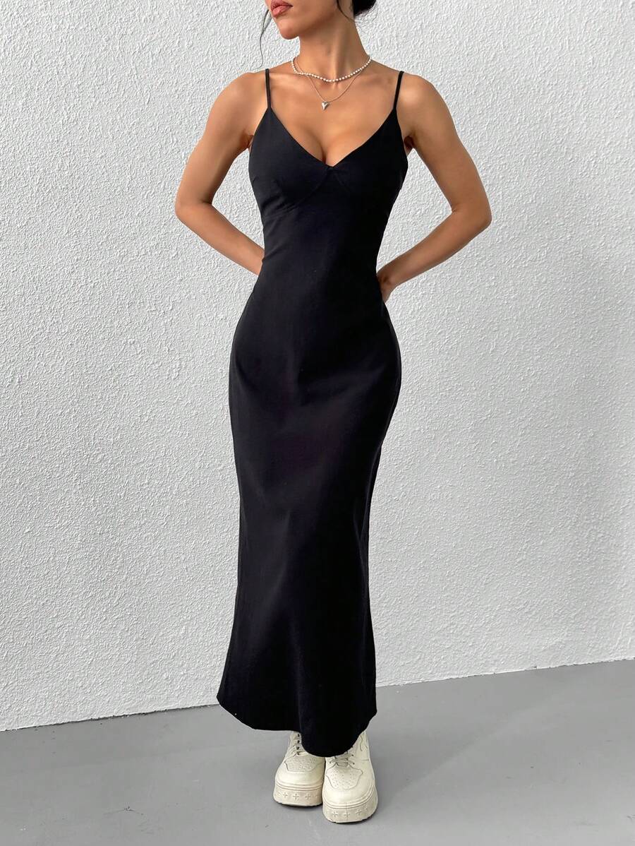 SHEIN EZwear 女士纯色长款修身休闲吊带连衣裙 - 黑色 - 查看 1