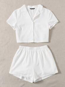SHEIN EZwear Single Breasted Solid Shirt & Shorts Set