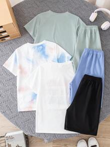 SHEIN 6 pièces/set Garçon préadolescent Décontracté Ample Ensemble de t-shirt à col rond à manches courtes et short avec motif de teinture à la cuve et imprimé de palmier. Convient pour le trajet, l'école, le casual quotidien, le sport, le printemps/été, les vacances - Multicolore - Voir 3