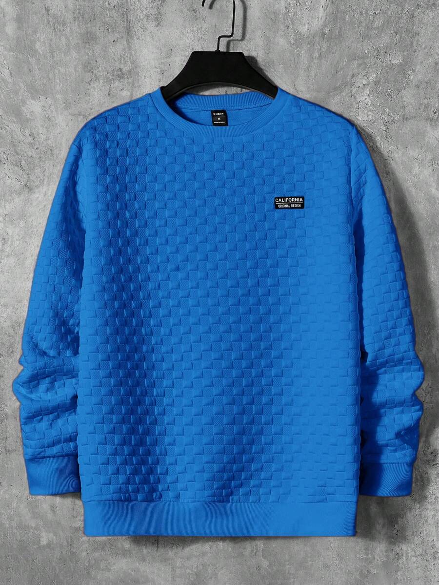 Manfinity VCAY Men's Letter Applique Knit Crew Neck Long Sleeve Pullover Sweatshirt, Spring And Autumn - Blue - View 1