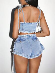 SHEIN ICON Women's Sexy Cropped Camisole Top With Eyelet Lacing Frayed Hem Design - Blue - View 2