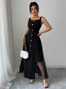 Elenzga 女士纯色单排扣方领无袖休闲连衣裙