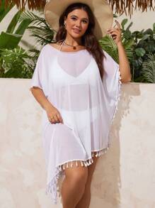 SHEIN Swim Curve Plus Size Vacation Tassel Hemline Ruffle Trim Cover Up Dress - White - View 3