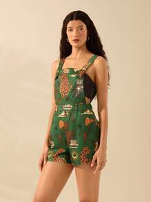 CAJUNI Women's Boho Tropical Leopard, Palm Tree, Snake Plant Print Jumpsuit With Large Pocket, Casual Summer Beach Outfit, Green