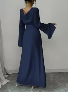 Elenzga 女士优雅浪漫雪纺纯色喇叭袖垂领落肩交叉系带长袖连衣裙长款女装 - 藏蓝色 - 查看 2