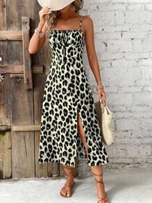 SHEIN Frenchy Women's Casual Leopard Print Slit Strap Slip Dress, For Vacation - Grey - View 4