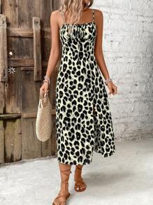 SHEIN Frenchy Women's Casual Leopard Print Slit Strap Slip Dress, For Vacation - Grey - View 5