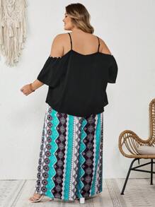 SHEIN CURVE+ Plus Size Women Summer Open Shoulder Short Sleeve Blouse And Floral Print Wide Leg Pants 2 Pieces Set Boho Vacation