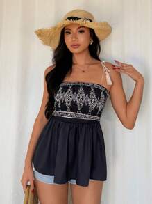 Chiquease 度假休闲流苏绑带复古印花无袖喇叭下摆夏季吊带背心上衣 - 黑色 - 查看 4