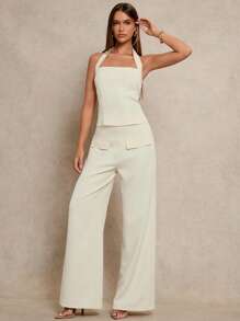 Glamine Apricot Halter Tie Wrap Top & Straight-Leg Pants 2 Pieces Set, Simple Fitted Sexy Casual Women's Outfit, Early Spring New Arrival Solid Color Versatile Fashion Women 2 Pieces Outfits Women Sets Outfit Pants Sets For Women Women 2 Pieces Outfits