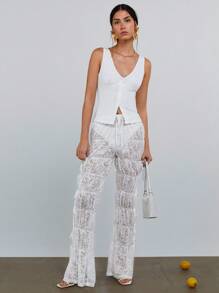 Athîral Women's Floral Lace Tie Waist Long Pants, Summer Festival Style - White - View 5