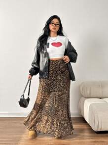SHEIN EZwear Plus Size Vintage Leopard Print Mesh Fishtail Skirt - Brown - View 5