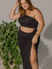 Aralina 曲线黑色抽绳侧褶高腰开衩长款度假裙 - 黑色 - 查看 4