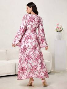 Al Najma 女式花卉撞色蕾丝长袖阿拉伯风格连衣裙，端庄 - 粉色 - 查看 7