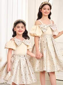 SHEIN Tween-Mädchen 2-teiliges Set, eleganter Anzug mit offener Schulter, Puffärmeln, Schleife, Bluse und Rock