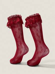 Muvela 优雅复古红色蕾丝女式中筒袜