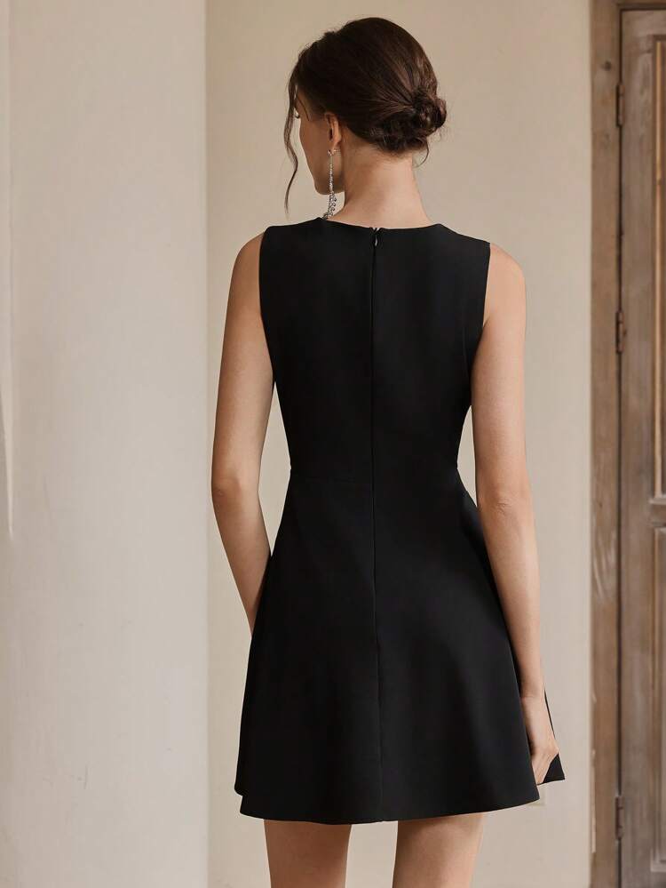 Anewsta Women's Woven Metallic Floral Embellished Sleeveless Elegant Black Party Dress