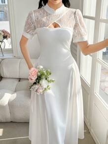 Modelyn Vestido de manga larga de alto nivel con cuello alto, plisado y encaje de contraste para mujer, color blanco