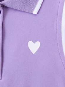 SHEIN Young Girl Heart Print Contrast Trim Polo Neck Dress Summer Holiday - Lilac Purple - View 5