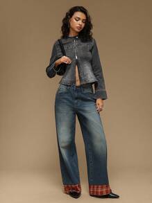 Forever 21 Women's Distressed Denim Jacket With Zipper And Waist Drawcord - Black - View 5