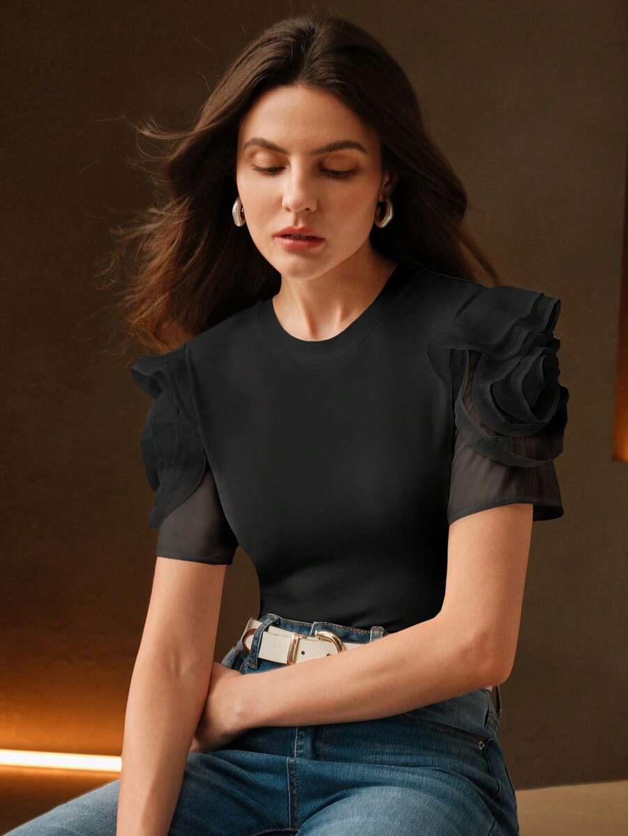 Anewsta Women Summer Short Sleeve T-Shirt, Round Neck Fitted Design With Ruffle & 3D Floral Decor - Black - View 1