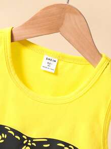 SHEIN 2pcs Young Boy Casual All-Match Soft Knit Sleeveless Graphic Vest Top And Shorts Set, Versatile Cartoon Sunglasses Print, Comfortable For Daily Wear, Outdoor, School, Spring/Summer, Suitable For 4-7 Years Old