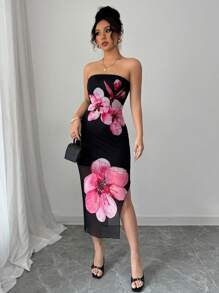 Elenzga Women's Strapless Flower Print Sexy Dress
