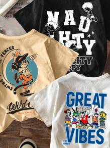 SHEIN Leap Crew Cartoon, American Vintage, Cute Bunny With Sunglasses, "I Love Mommy And Daddy", "Mommy And Daddy And Me", Party, Young Boy Casual Simple Round Neck Short Sleeve T-Shirt, Suitable For Summer, Back Of Clothes - Multicolor - View 3