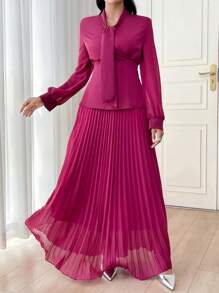 Modelyn 2pcs Women Elegant Suit Set: Pleated Skirt And Jacket - Hot Pink - View 6