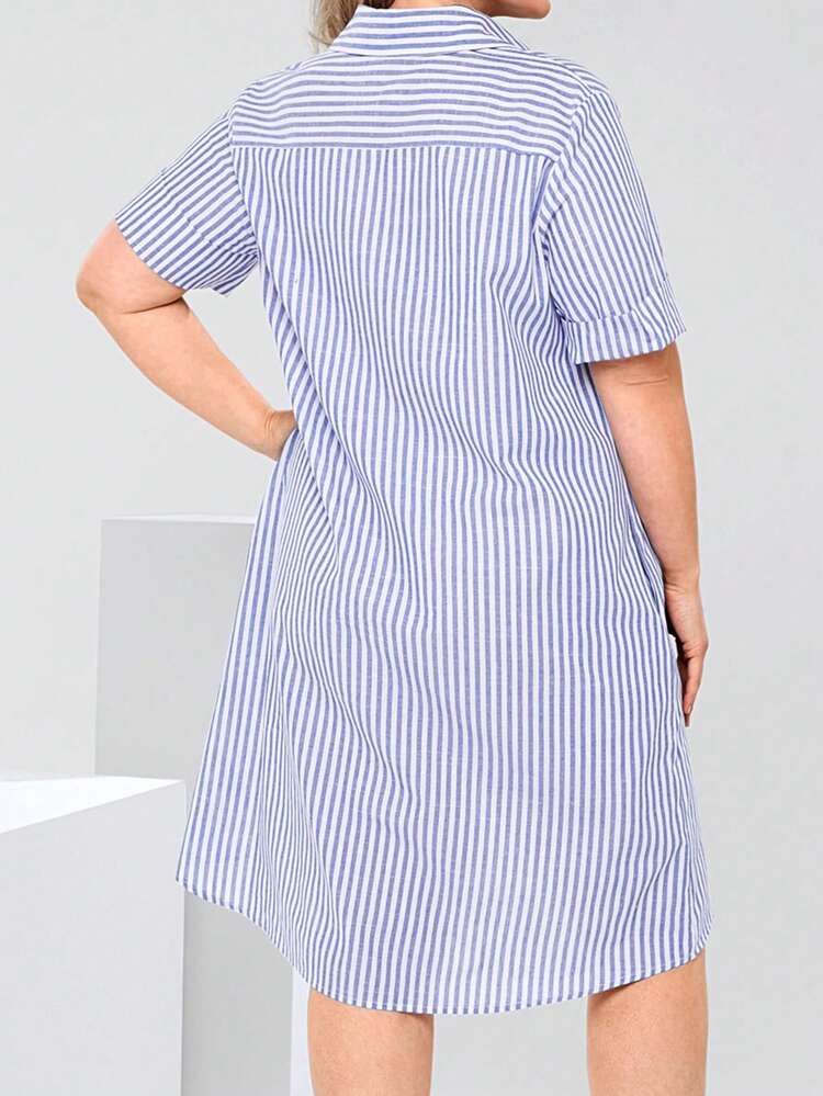 Robe chemise casual à manches courtes rayées, avec demi-patte de boutonnage, poches, pour femmes grande taille