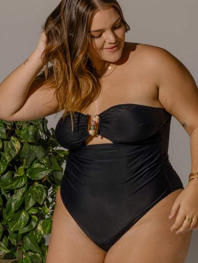 Aralina Curve Vacation Black Beaded Cutout Strapless One Piece Swimsuit With Swim Bag For Summer