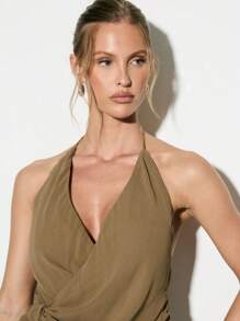KIZN Elegant Halter Neck Wrap Top Evening Party Special Occasion Summer Sleeveless Blouse With Side Tie Detail