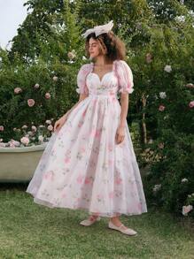 SHEIN MOD Rosa Blumen Muster Puff Taille Rock, geeignet für Urlaub, Reise, Date, Nachmittagstee - Verschiedenfarbig - Übersicht 1