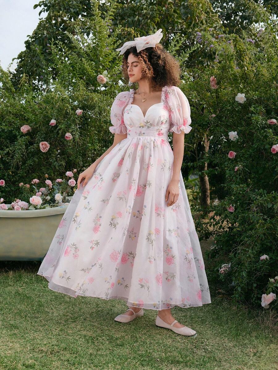 SHEIN MOD Rosa Blumen Muster Puff Taille Rock, geeignet für Urlaub, Reise, Date, Nachmittagstee - Verschiedenfarbig - Übersicht 1