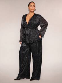 SHEIN BAE Plus Size Women 2 Pieces Set, Loose Black & Silver Long Sleeve Top And Wide-Leg Pants, Suitable For Casual Wear, Night Out, Date, Party, Afternoon Tea, Concert - Black - View 3