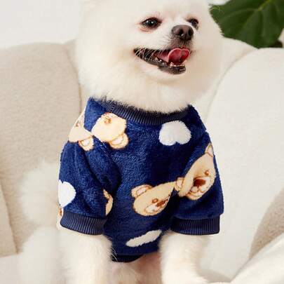 PETSIN 1件可爱小熊印花海军蓝法兰绒宠物保暖卫衣