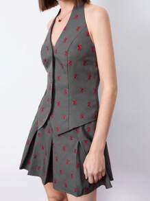 Maija 女士灰色早春 V 领前扣红色蝴蝶结刺绣面料吊带下摆褶皱二合一时尚百搭优雅日常鸡尾酒会连衣裙，适合情人节派对节日 - 灰色 - 查看 5
