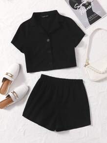 SHEIN EZwear Single Breasted Solid Blouse & Shorts Set