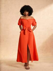 Slaydiva 夏季優雅簡約單肩帶短袖高開叉至大腿A字長裙橙色女裝洋裝-K - 橘色 - 查看 6