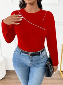 Calvaya Plus Size Women's Zipper Hollow Design Slim Fit Long Sleeve Basic T-Shirt For Spring - Red - View 4