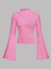 SHEIN Leap Crew Teen Girls Vintage Knit Ribbed Tight Flare Sleeve Gathered Bust Bow Long Sleeve T-Shirt Tops For Teen Girls - Pink - View 3