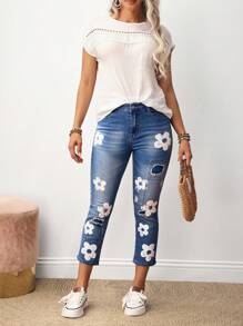 SHEIN Tall Jeans casuales de mujer con estampado floral y bolsillo con botones en la bragueta - Azul - Ver 5
