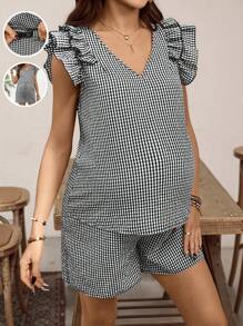 SHEIN Set de 2 piezas de Top casual de cuello en V a cuadros y shorts para maternidad