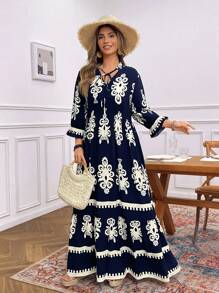 SHEIN PETITE CURVE Abito casual da vacanza, stile western, con stampa pasquale, adatto per festival musicali, taglie comode - Blu Navy - Visualizzare 4