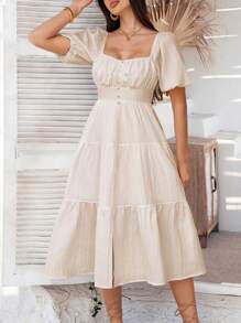 Breezaya Vacation Minimalist Square Neck Ruched Waist Single-Breasted Mid-Length Dress - Apricot - View 6