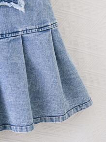 Tween 女童星星刺绣褶皱下摆牛仔连身裙